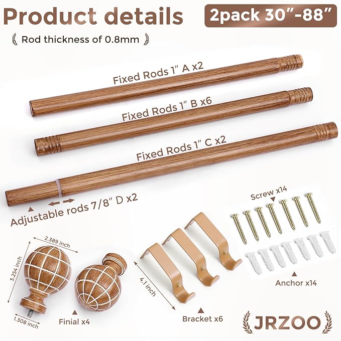 2 Pack Wood Curtain Rods for Windows 48 to 84 Inches (4-7ft), 1'' Diameter Heavy Duty Adjustable Rustic Farmhouse Drapery Pole with Boho Imitation Wooden Grain Decorative Finials, Size 30"-88"