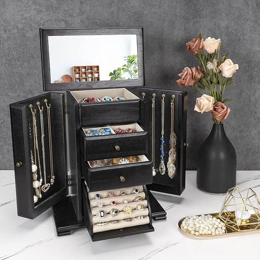 Emfogo Jewelry Box for Women, Rustic Wooden Jewelry Boxes & Organizers with Mirror, 4 Layer Jewelry Organizer Box Display for Rings Earrings Necklaces Bracelets (Black)