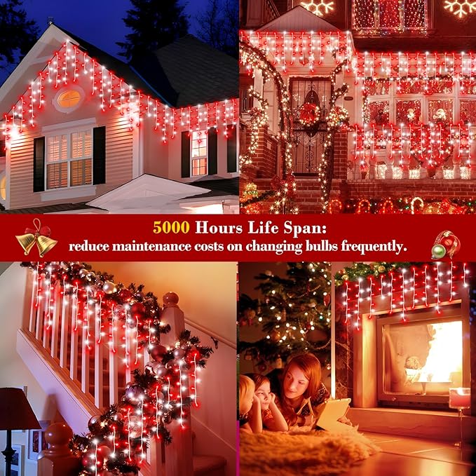 XURISEN 66ft Christmas Lights Decorations Outdoor, 640 LED 8 Modes Curtain Fairy Lights with 120 Drops,Plug in Waterproof Timer Memory Function for Christmas Holiday Wedding Party Decor(Red+White)