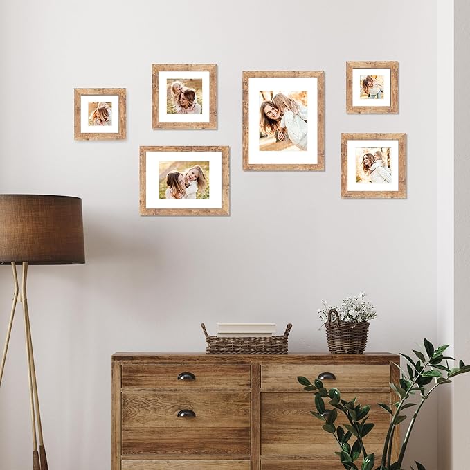 iRahmen 6x6 Picture Frame Set of 4 with Real Glass, Rustic Brown Frames Display 4x4 Picture with Mat or 6 x 6 Without Mat, Square Wood Photo Frame for Wall Mount and Tabletop Display