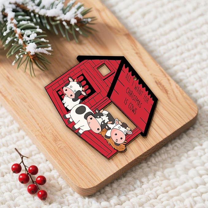 34HD Cow Barn Christmas Ornament 2025 – Wooden 2-Layered Hanging Xmas Tree Ornament Decoration, Funny Farm House Decor and Christmas Keepsake Gifts for Cow Lovers and Women