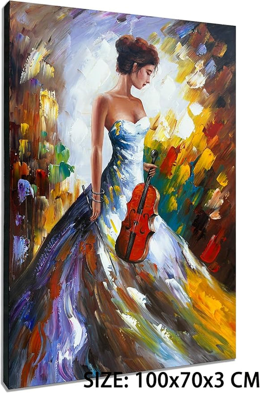 zoinart Hand Painted Modern 3D Oil Paintings on Canvas Wall Art 28x40 Inches Fiddler Girl Abstract Vertical Wall Art Large Framed Artwork for Home Decorations Wall Decor