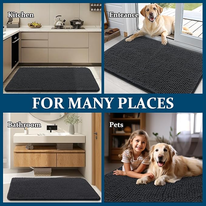 OLANLY Dog Door Mat for Muddy Paws 36x24, Absorbs Moisture and Dirt, Absorbent Non-Slip Washable Doormat, Quick Dry Chenille Mud Mat for Dogs, Entry Indoor Entryway Carpet for Inside Floor, Dark Grey