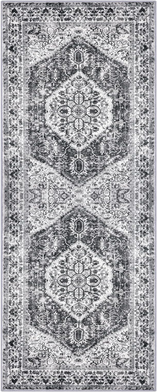 KOZYFLY Runners for Hallways 2x5 Ft Washable Kitchen Runner Rug Boho Runner Rug for Entryway Indoor Printed Faux Wool Floor Carpet Runner for Laundry Room Kitchen Hall, Grey