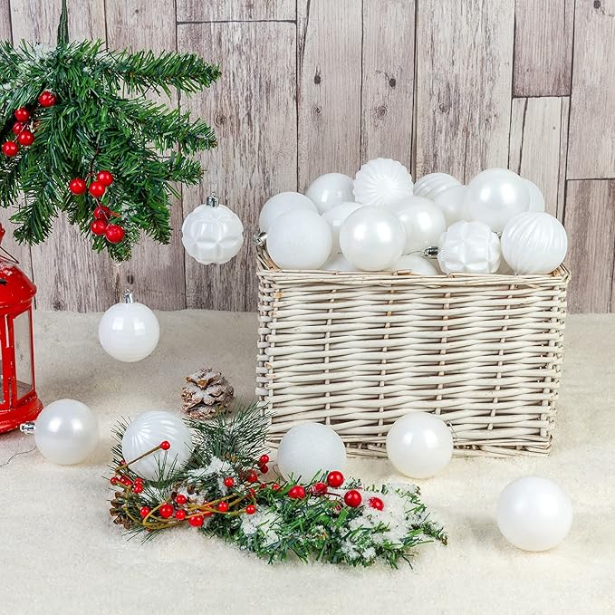 AMS 34ct Christmas Ball Mini Ornaments Party Decorations Shatterproof Festival Pendant Hangings for Xmas Tree Decor(1.57''/40mm, White)