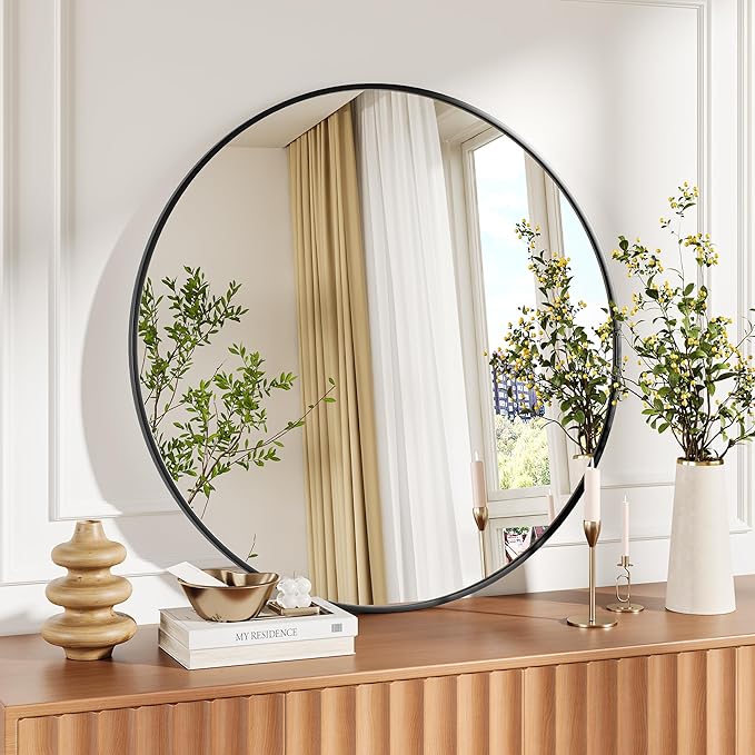 IDEALHOUSE 18 Inch Black Round Wall Mirror, Circle Mirror Metal Frame for Bathroom, Vanity, Entryway, Bedroom, Living Room, Wall Mounted Modern Rustic Decor