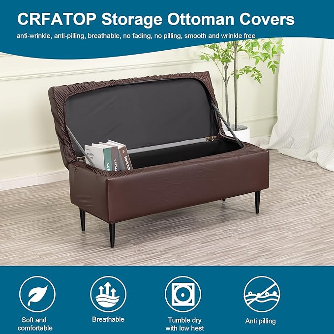 CRFATOP Waterproof PU Ottoman Stool Cover Stretch Folding Storage Footstool Bench Slipcovers Upholstered Foot Chest Chair Covers Washable Entryway Furniture Protector with Elastic Bands,L,Coffee