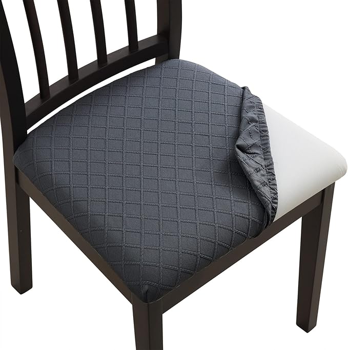 Fuloon Waterproof Seat Cushion Covers 6 PCS, Stretch Jacquard Chair Seat Covers Washable Dining Room Seat Slipcovers Removable Kitchen Chair Protector (6, Waterproof-Dark Grey)