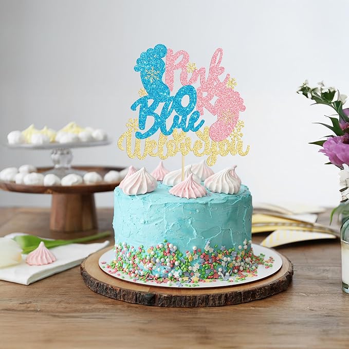 Gyufise 1 Pack Pink or Blue We Love You Cake Topper Glitter Winter Gender Reveal Cake Topper Snowflake Gender Reveal Cake Decorations for Winter Baby Shower Christmas Party Decoration