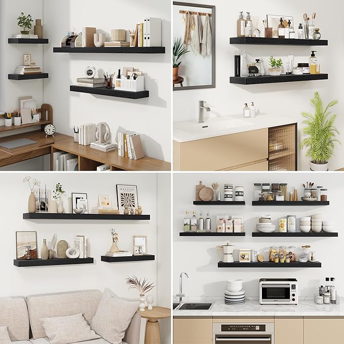 fuqing Floating Shelves for Wall, Wall Mounted Wood Floating Shelf with Invisible Brackets for Living Room, Bathroom, Bedroom, Kitchen Storage and Decor, 16 Inch Set of 2, Black