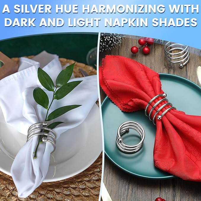 Silver Napkin Rings Set of 8 – Elegant Valentine Napkin Ring Holders, Sturdy Metal Holiday Table Decor for Weddings, Parties & Family Dinners, Great Kitchen Gifts Idea for Hosts & Seasonal Holidays