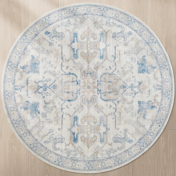 jinchan Round Rug 7ft Area Rug Vintage Floor Mat Kitchen Indoor Ultra-Thin Soft Floral Print Washable Circle 7' Accent for Farmhouse Non Slip Dining Room Living Room Bedroom Office Blue