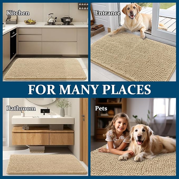OLANLY Dog Door Mat for Muddy Paws 54x24, Absorbs Moisture and Dirt, Absorbent Non-Slip Washable Doormat, Quick Dry Chenille Mud Mat for Dogs, Entry Indoor Entryway Carpet for Inside Floor, Beige