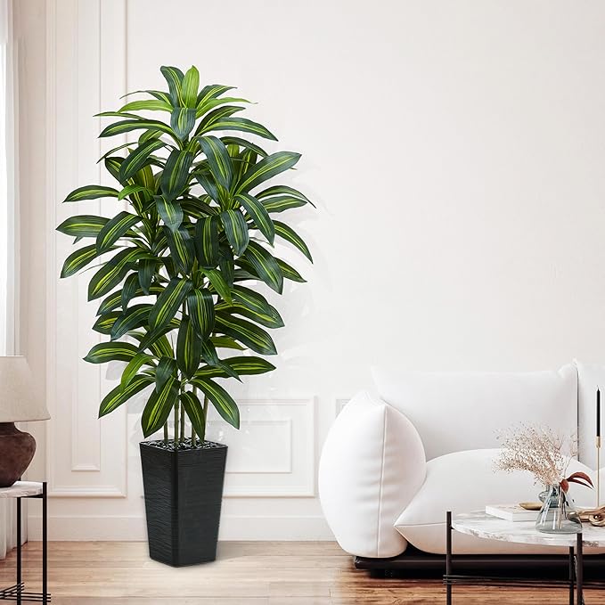 Artificial Dracaena Tree:5FT Faux Silk Tropical Yucca Floor Trees Realistic Fake Green Plant with Natural Wood Trunk & Lifelike Leaves for Home Office Decor Indoor & Outdoor (5FT,1-Pack,Black)