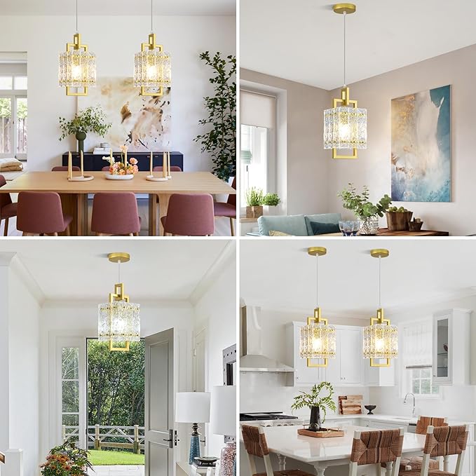 Gold Pendant Light Fixture - Modern Kitchen Island Water Ripple Glass Square Light - Adjustable Hanging Lighting for Kitchen Dining Room Over Island - 1 Pack