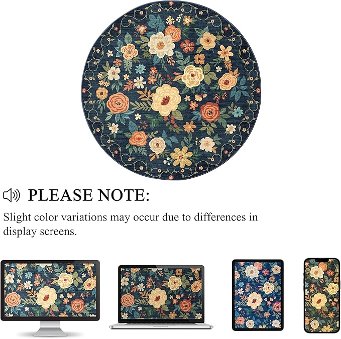 DUKINO Floral Round Rug, 6ft Washable Circle Rug, Non Slip Indoor Low Pile Circle Rug, Soft Small Boho Design Carpet for Bedroom, Entryway, Living Room, Dining Room, Dark Blue