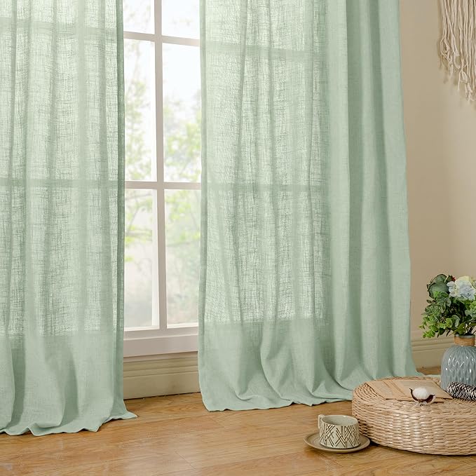 LAMIT Fresh Green Linen Curtains 45 Inch Length 2 Panels, Light Filtering Panels Back Tab and Rod Pocket Country Decor Drapes for Kitchen/Window/Loft Room/Bedroom, 34 x 45 Inch