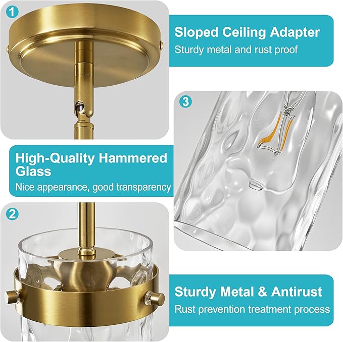 4.72" Hammered Glass Pendant Lighting for Kitchen Island 1 Pack, Modern Brushed Gold Pendant Light Fixtures, Adjustable Ceiling Pendant Light for Kitchen Island Dining Room Bedroom Hallway