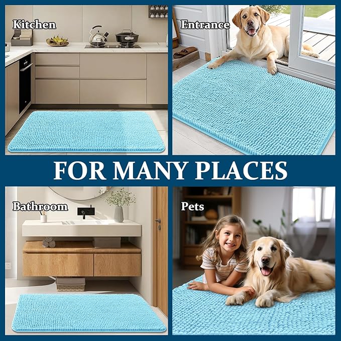 OLANLY Dog Door Mat for Muddy Paws 47x32, Absorbs Moisture and Dirt, Absorbent Non-Slip Washable Doormat, Quick Dry Chenille Mud Mat for Dogs, Entry Indoor Entryway Carpet for Inside Floor, Blue