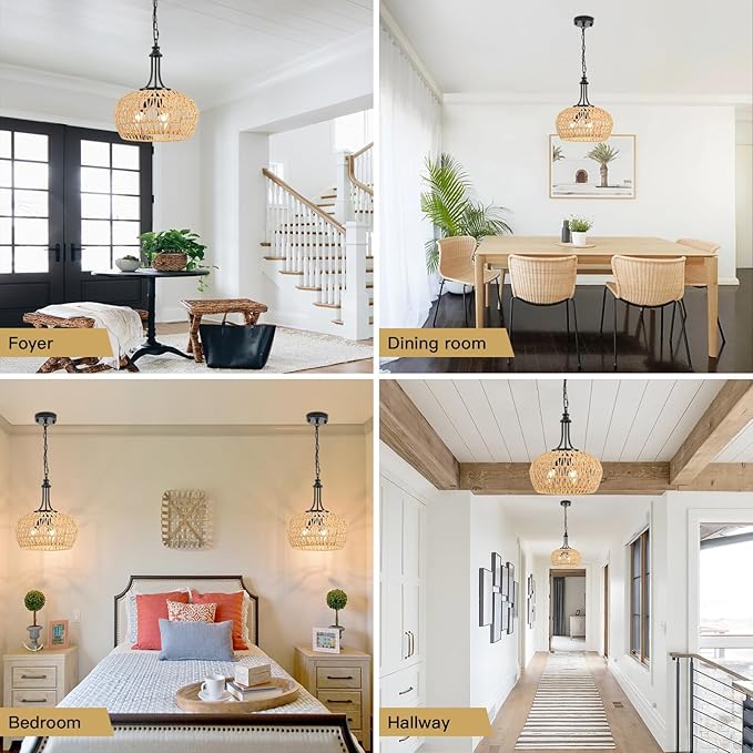Farmhouse Chandelier Light Fixtures, 3-Light Rattan Boho Pendant Lighting Ceiling Hanging Lamp with Woven Lampshade, Coastal Hanging Light Fixtures for Dining Room Kitchen Island Living Room Entryway