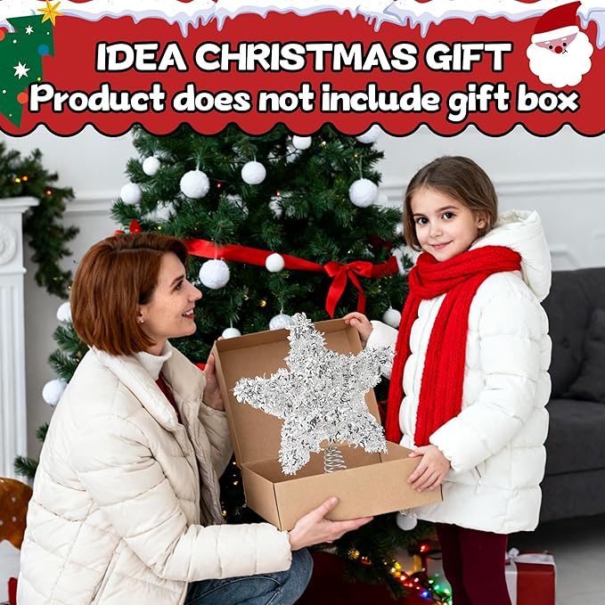 Christmas Tree Topper Star Silver Tinsel Star Tree Topper 10 Inch Lighted Tree Topper Battery Operated Christmas Tree Decoration for Holiday Indoor Decoration Warm White Light
