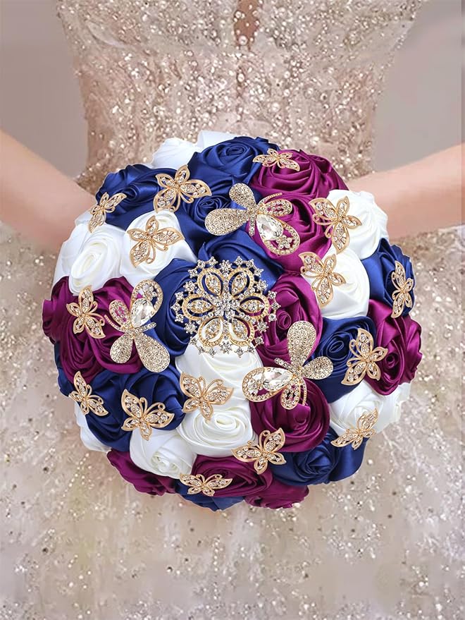 Handmade Floral Satin Rose Butterfly Shape Rhinestone Bridal Bouquet Luxury Golden Rhinestone Artificial Flowers for Wedding