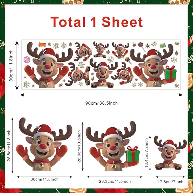 Christmas Window Clings Reindeer, Xmas Elk Wall Decals, Christmas Reindeer Wall Stickers, Xmas Snowflake Window Stickers, Xmas Candy Giftbox Wallpaper for Party Home Living Room Bedroom