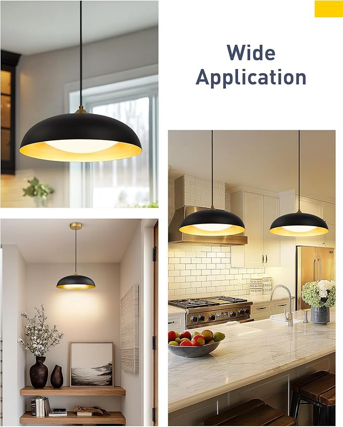 kudos 15 Inch Large LED Pendant Lights, Black and Gold Pendant Light Fixtures, Modern Hanging Lights for Kitchen Island, Dining Room, Living Room, Bedroom, 5CCT Adjustable, KDPL02-BK