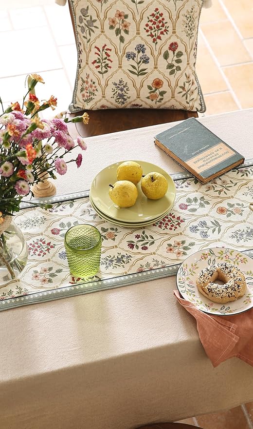 ISAENNE Designer Vintage Elegant Linen Table Runner 87 Inches Long,Colorful Wildflower Pattern Runner,Decor Table Runners for Dining Tables,Thanksgiving,Christmas,Banquet,12"*87"-Serenity B