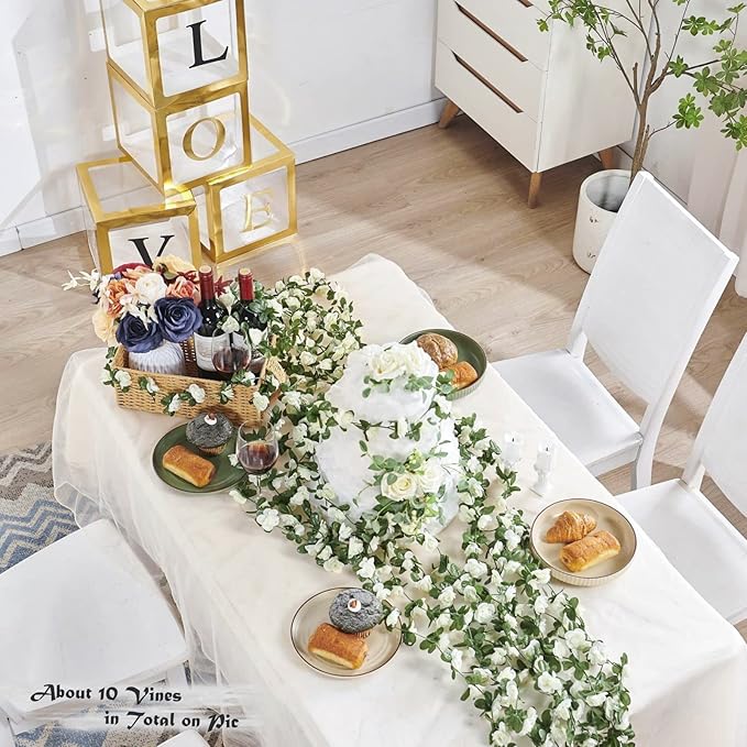 8 Pcs x 8.2 ft Flower Garland Artificial Rose Vine Flowers with Green Leaves Hanging Fake Roses Vine for Room Party Home Wedding Birthday Christmas Wall Arch Decor, Spring White Flower