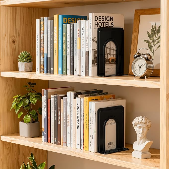 Happyhapi 14 Pair Book Ends for Shelves, 28 Pcs Metal Bookends Book Holder for Shelf, Heavy Book Stopper for Desk, Simple Library Office Home Bookend, 4.9 x 5.7 x 6.5 in, Black