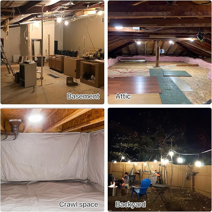 50FT Construction String Lights: 50W String Work Lights with 5 Bulbs & Hooks, IP65 Temporary Construction Lighting 5000K Linkable Hanging Work Light for Attic, Crawlspace, Basement, Backyard