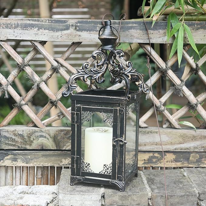 DECORKEY Candle Lantern Decorative Indoor & Outdoor, Large Vintage Metal Hanging/Tabletop Lanterns for Patio, Front Porch, Rustic Home Decor, Candle Holders for Christmas Decorations (Bronze)