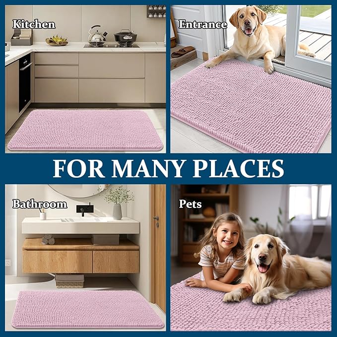 OLANLY Dog Door Mat for Muddy Paws 30x17, Absorbs Moisture and Dirt, Absorbent Non-Slip Washable Doormat, Quick Dry Chenille Mud Mat for Dogs, Entry Indoor Entryway Carpet for Inside Floor, Dusty Rose