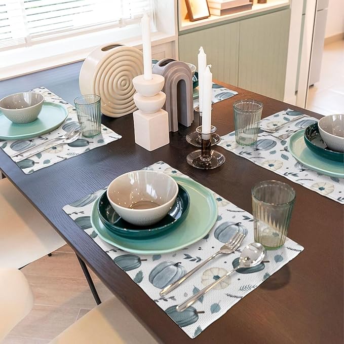 Watercolor Pumpkin Placemats, Vintage Blue Autumn Leaves Harvest Plants Pumpkins Thanksgiving Table Mats for Holiday Indoor Outdoor Home Party, 6PCS