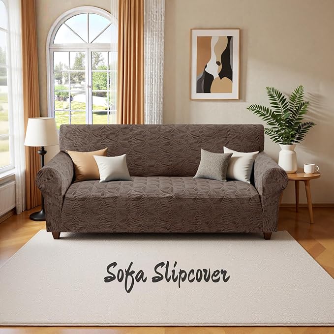 YEMYHOM 1 Piece Stretch Oversized Couch Covers for 4 Seat, Jacquard Extra Large Sofa Cover with Non-Slip Elastic Bottom, Thickened Slipcover Furniture Protector for Dogs Pets (X-Large, Brown)