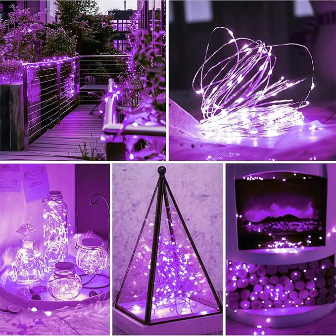 Purple Fairy Lights Battery Operated (Included), 8 Modes & Auto Timer, 2 Packs 5m 50Led Mini Twinkle Silver Wire Firefly Starry Lights, Waterproof Battery Operated Lights for Wedding Parties