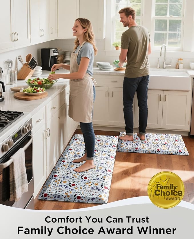 Ophanie Kitchen Mats for Floor, 3/4 inch Thick, 20x48 Anti Fatigue Cushioned Mat, Kitchen Rugs, Waterproof, Comfort Ergonomic Standing Mat for Office, Home, Sink, White Flower Non-Slip Ridged Bottom