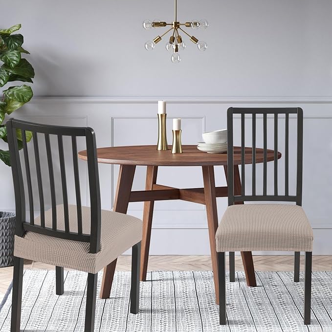 SearchI Stretch Dining Chair Seat Covers Set of 4, Soft Removable Washable Seat Covers for Dining Chairs, Dining Room Seat Cover Protector (Rear-Covered, Waffle Jacquard Taupe)