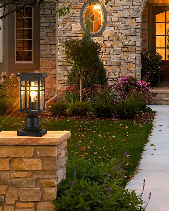 HWH INVESTMENT Industrial Outdoor Post Lantern, Exterior Pillar Light, Waterproof Pole Lantern with Clear Glass Shade, Matte Black Finish, 5HD36P BK