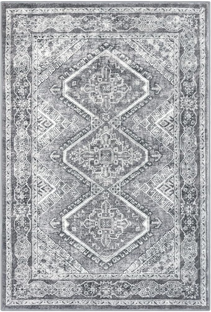 KUTA Living Room Rug 6x9 Grey Soft Blue, Washable Large Area Rugs 6ft x 9ft, Non-Slip Boho Printed Oriental Dining Room Carpet, Indoor Low-Pile Cozy Room Throw for Office Bedroom