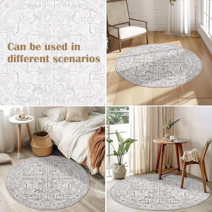 jinchan Lima Round Rug 4ft Vintage Machine Washable Area Rug Indoor Circle 4' Ultra-Thin Non-Slip Floral Print Carpet for Farmhouse Entryway Dining Room Living Room Bedroom Office (4'Round, Taupe)