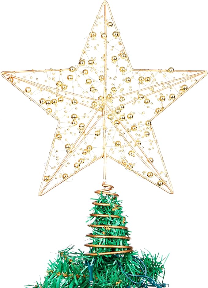 JOIEDOMI 9.5inch Metal Beaded Christmas Star Tree Topper, 20LED Warm White Lights Golden Tree Topper, USB Powered Remote Control for Christmas Tree Decorations Home Holiday Party Indoor Decor