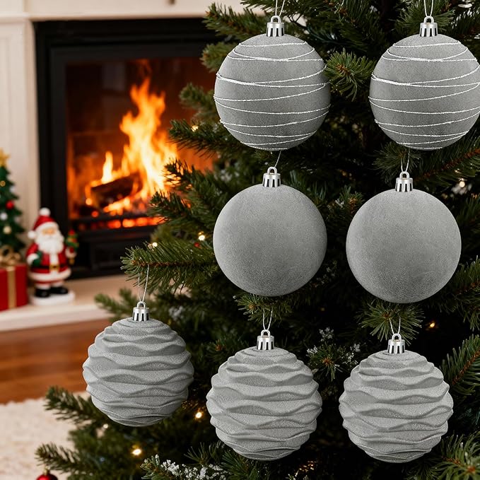 Artmag 6Pcs Velvet Christmas Ornaments Balls Sets for Christmas, Plastic Shatterproof Xmas Tree Flocked 3.94 inch Ornaments Balls for Winter Holiday Decor (Grey)