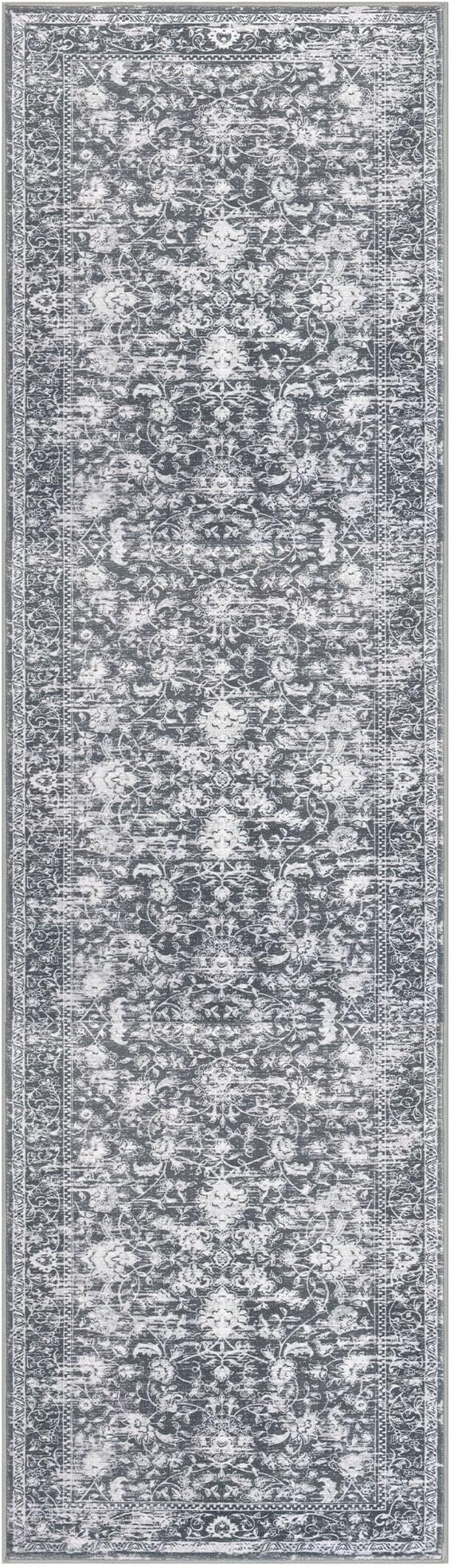 KILOCOCO Hallway Runner 2x7 Rug Runner Printed Vintage Floral Washable Kitchen Runners Non-Slip Rubber Backed Runners for Hallways Laundry Room Distressed Boho Rugs for Entryway Bedroom, Grey