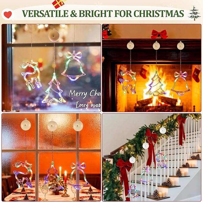 Christmas Window Lights Decorations - 3Pcs Christmas Lights Indoor w/Timer Window Decor Bell Tree Reindeer Battery Powered Hanging Multicolor Xmas Lights Suction Cups Hooks for Tree Fireplace