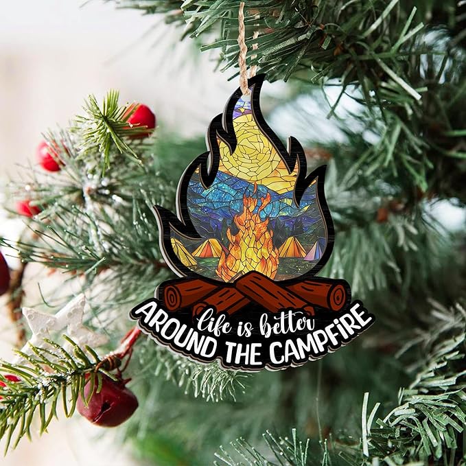 Camping Ornaments for Christmas Tree - Suncatcher Christmas Ornaments 2025 - Happy Camper Gifts for Men Women Family Friends, Camper Ornament, Camping Gifts for Nature Lovers, Travel Ornament