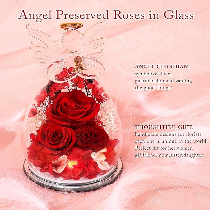 Gifts for Women Preserved Rose Forever Flower in Glass Angel Figurines Fresh Flowers for Delivery Prime Mothers Day Birthday Gifts for Mom Real Red Roses for Grandma Sister Wife Her from Daughter