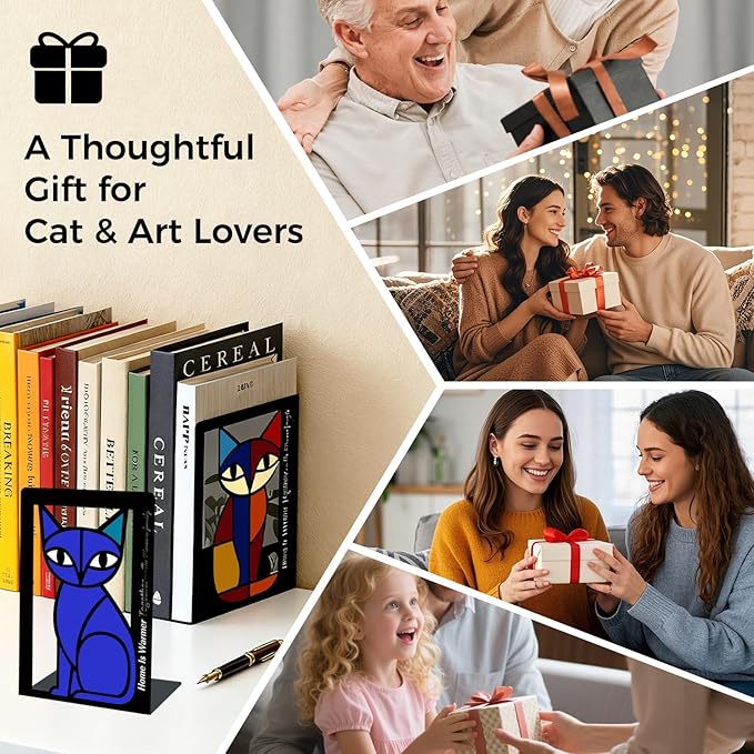 Metal Cat Bookends Set of 2 – Decorative Cat Metal Book Ends for Shelves, The Mewsons Family Collection, Modern Cat Bookends for Living Room, Office & Bedroom