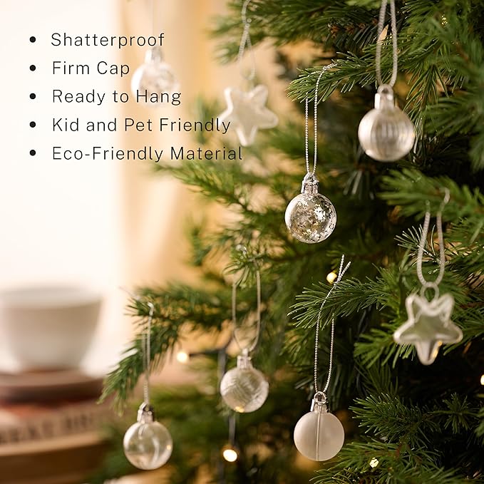 DecorbyHannah Mini Christmas Tree Ornaments, 35ct 1.18inches White Christmas Ball Ornaments for Tree Decorations, Small Clear Shatterproof Plastic Hanging Balls Bulk for Xmas, Party, Wedding